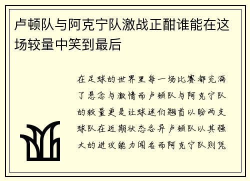 卢顿队与阿克宁队激战正酣谁能在这场较量中笑到最后